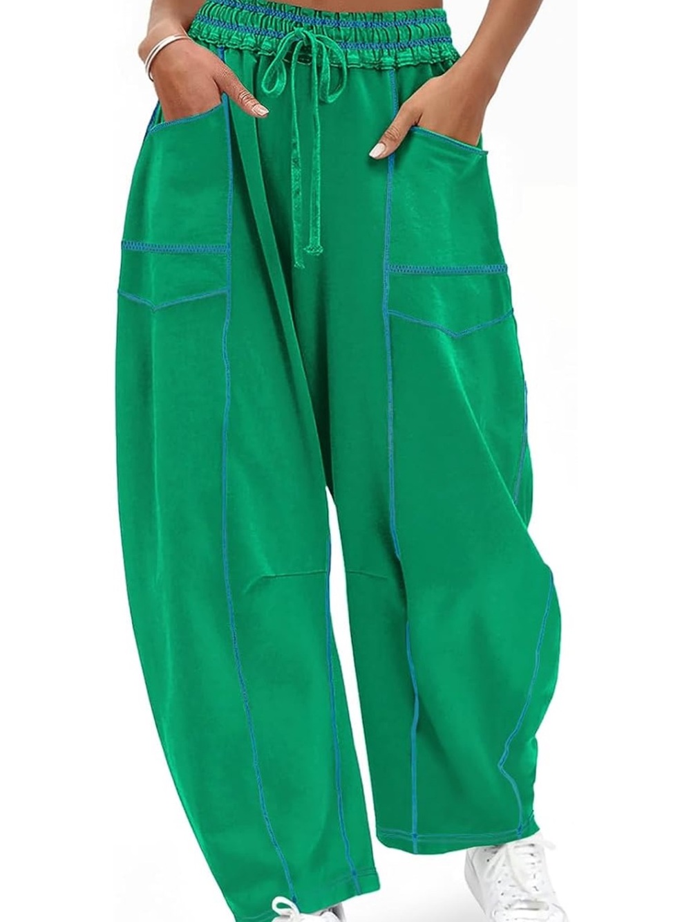 Green Wide-Leg Drawstring Barrel Pants